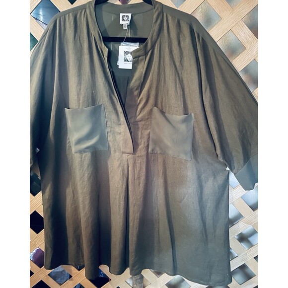 NWT ANNE KLEIN Linen Blend Mixed Media Olive Green High-Low Tunic 2X - Picture 4 of 12